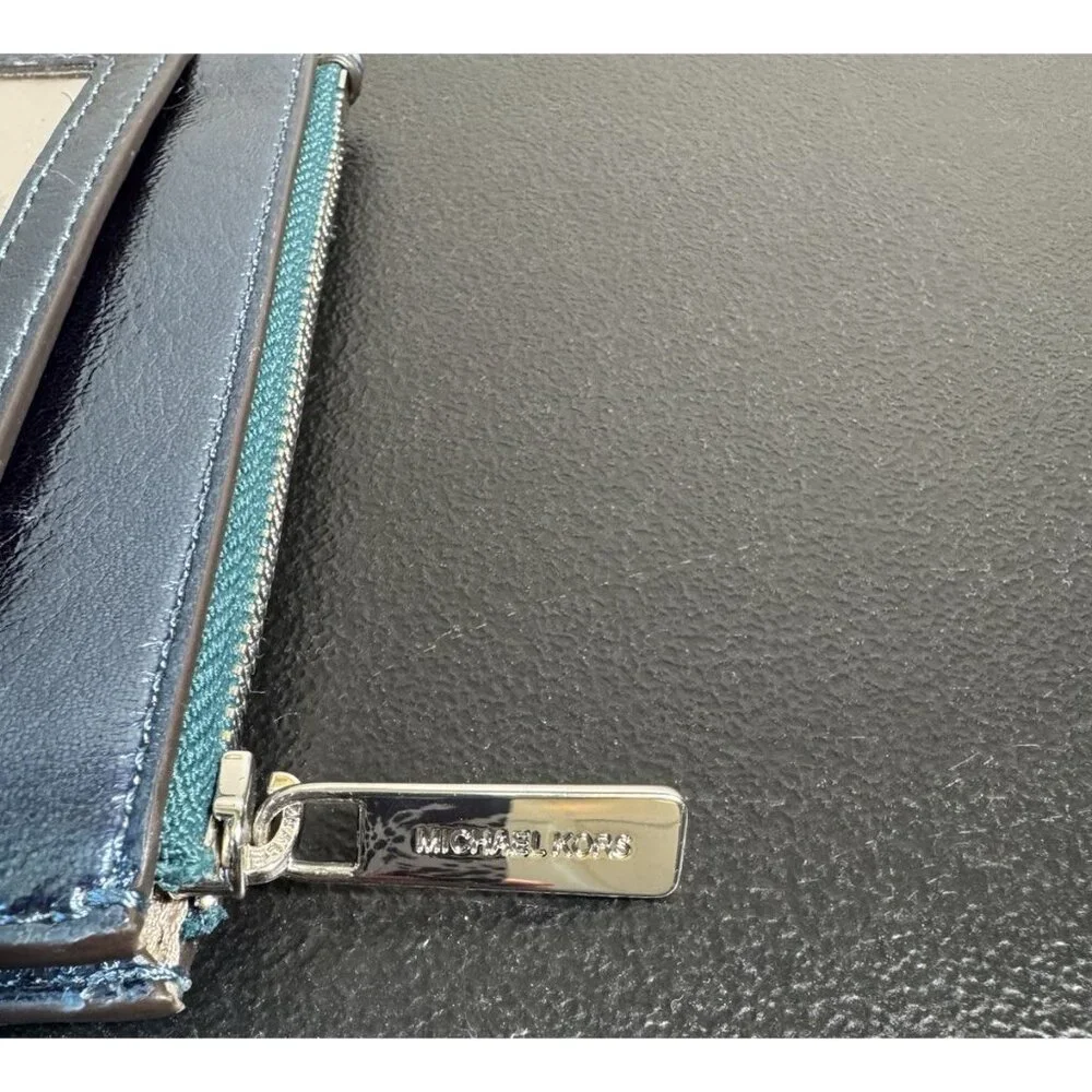 Michael Kors Jet Set Blue Metallic Leather Card Holder Zipper Pouch‎ Key Ring